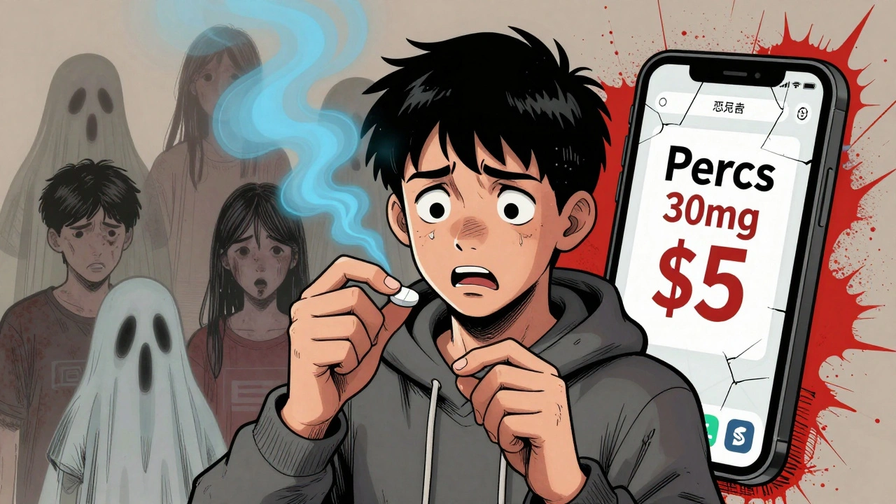 A teen holding a pill as ghostly figures rise from it, with a social media ad in the background.