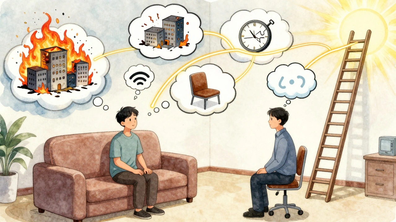 A therapy session with thought bubbles and golden CBT threads guiding calm amid mental chaos.