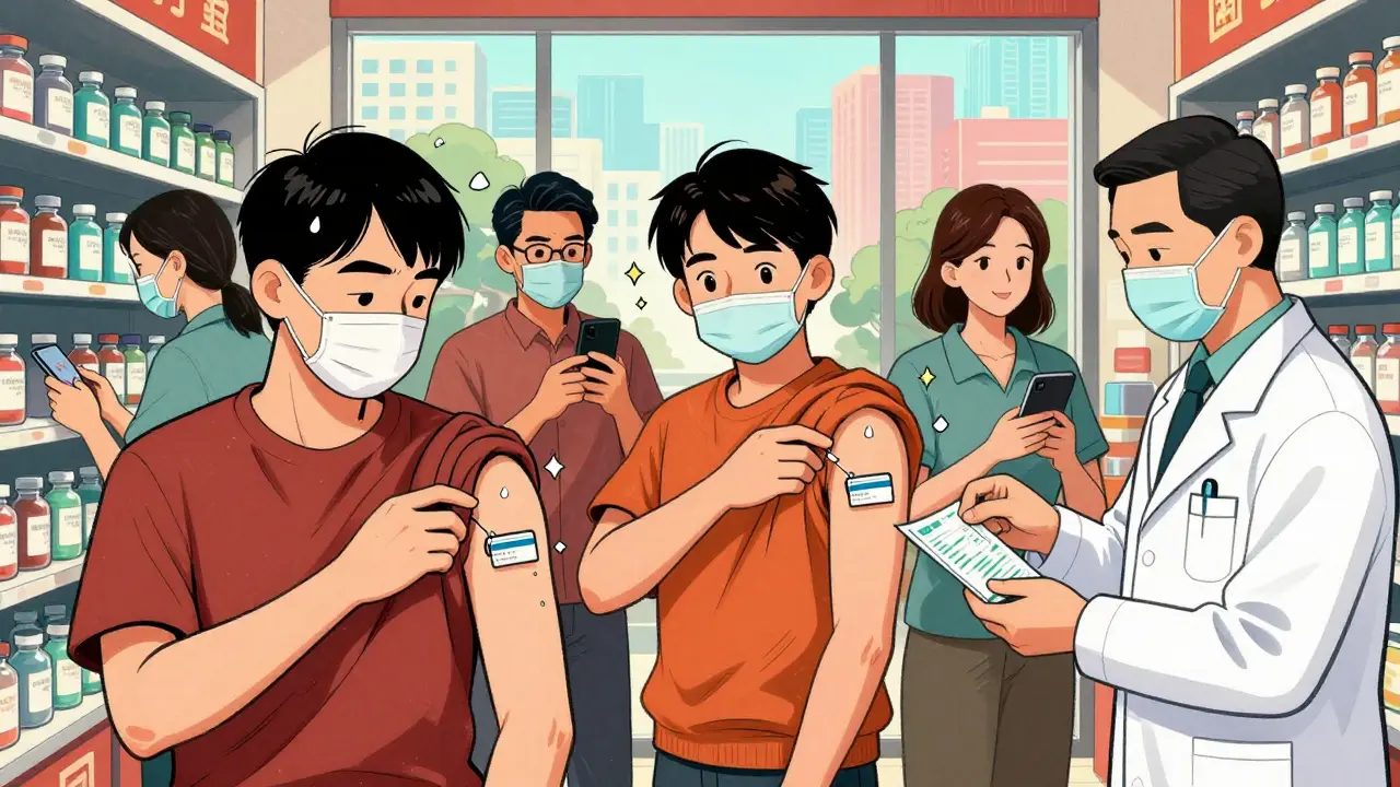 Adults getting hepatitis B shots at a pharmacy with pharmacist and phone reminders.