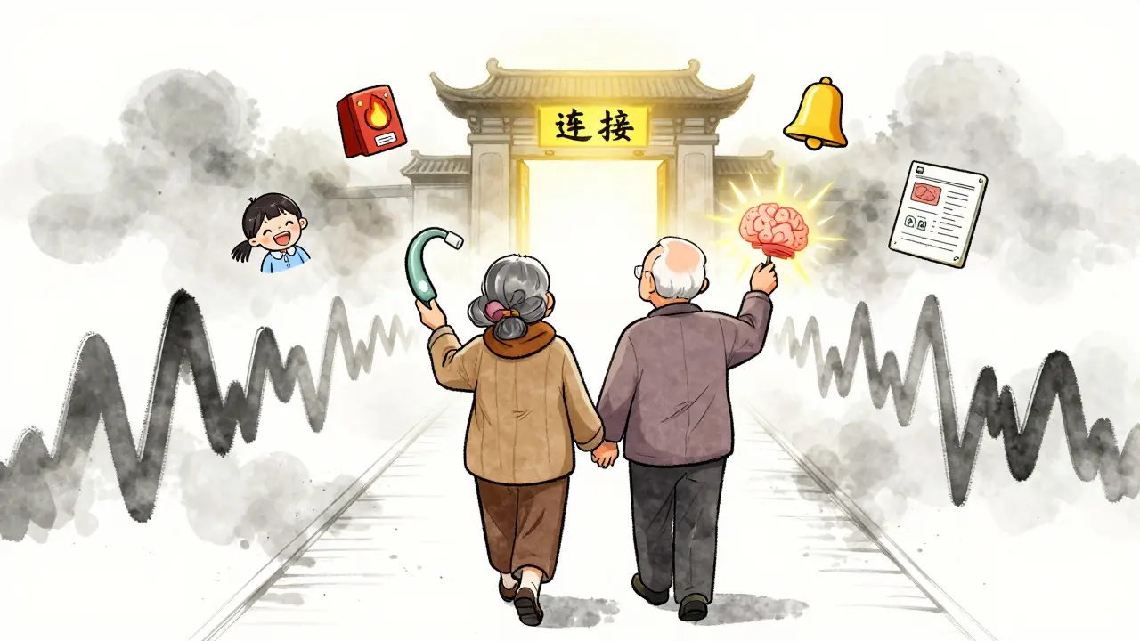 An elderly couple walking toward a glowing gate, symbolizing restored connection through hearing aids.