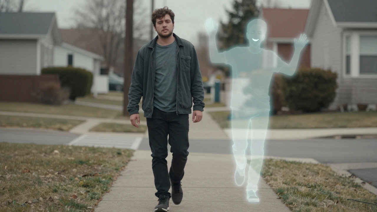 An elderly man walks with shuffling steps, arms still, saliva on his chin, while a ghostly version of his past self fades behind him.