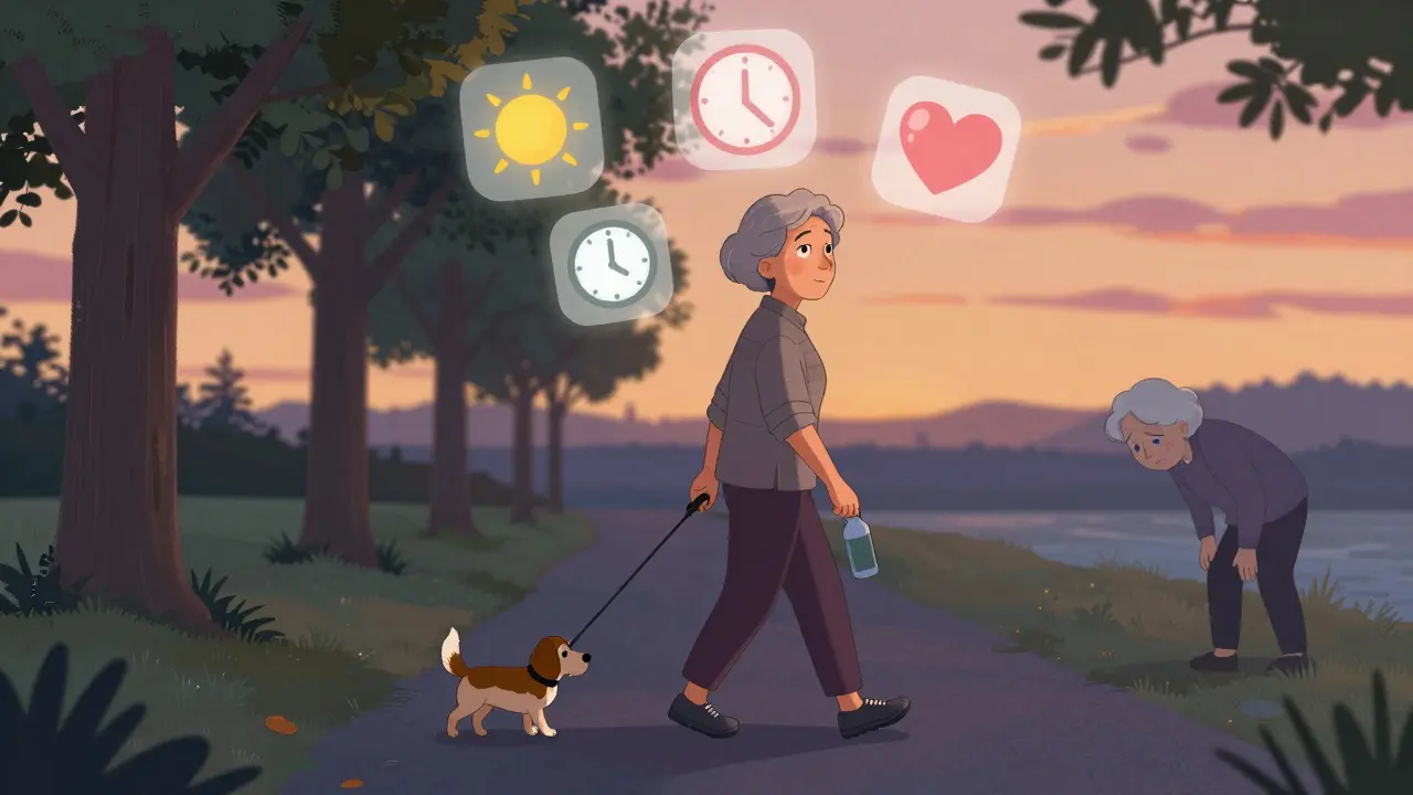 An older woman walks her dog at sunset, glowing icons of health floating above her as fear fades in the background.