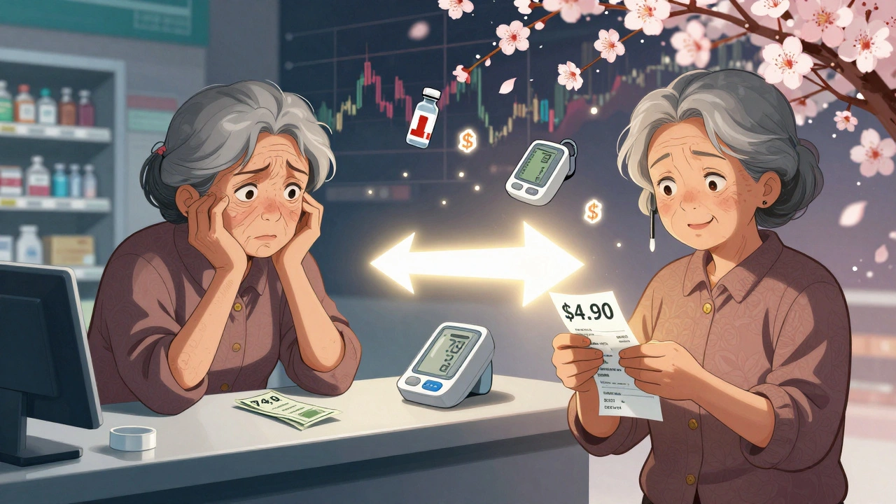 Contrasting scenes of high drug cost vs. low copay with glowing arrow and blooming flowers.