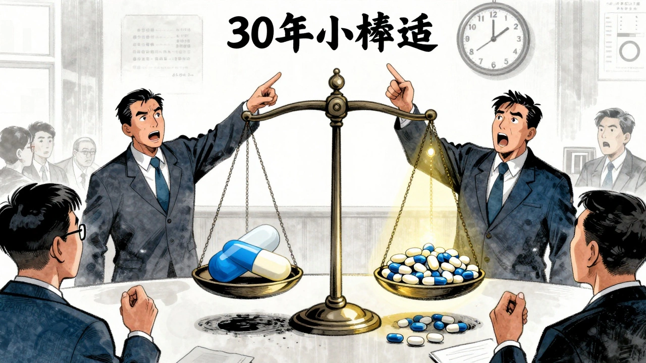 Courtroom scale balances brand and generic pills under a ticking 30-month clock.