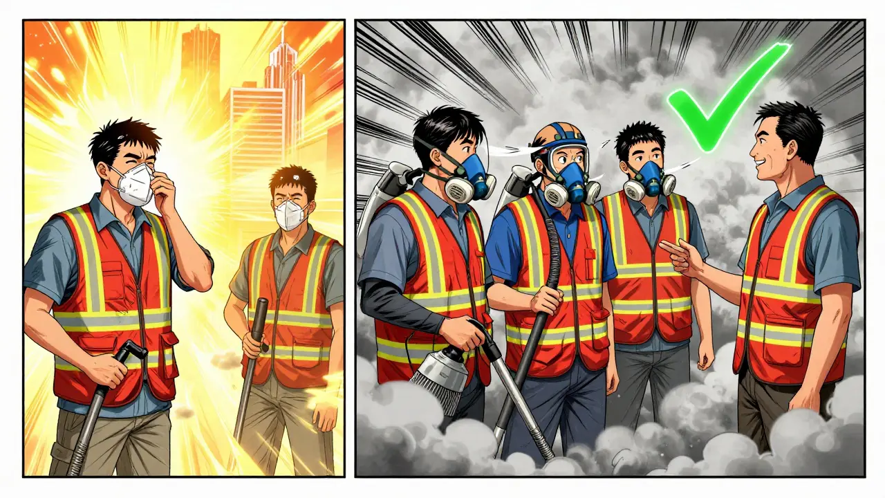 Demolition crew before and after safety improvements, showing mask compliance change.
