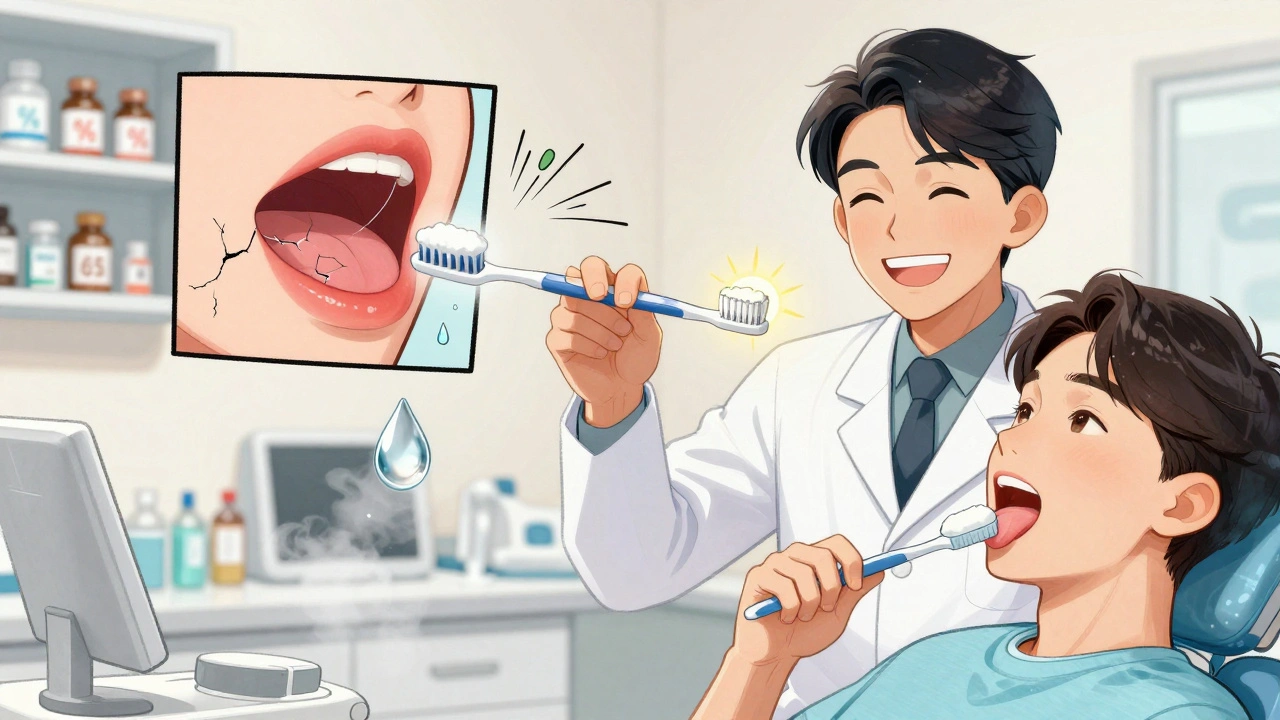 Dentist brushing patient&#039;s tongue with baking soda, saliva droplet saving taste buds from metallic fog.