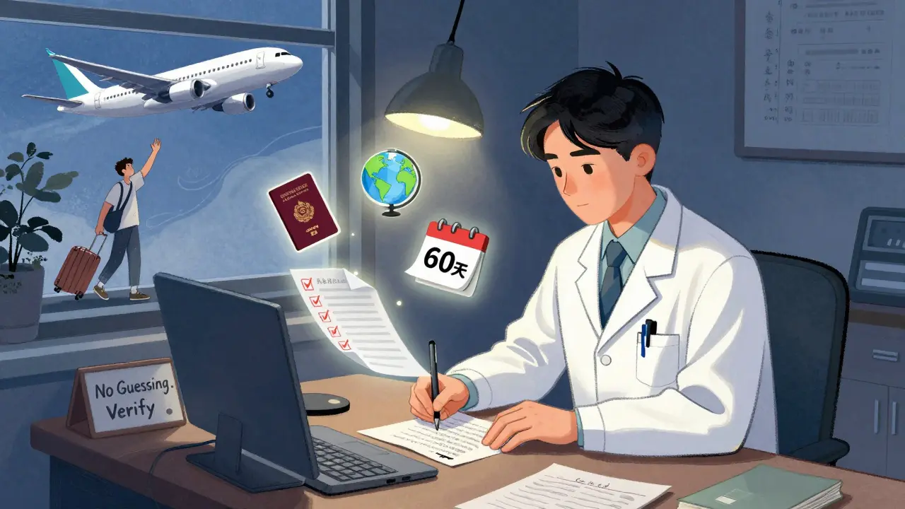 Doctor writing travel letter under lamp, surrounded by icons of passport, calendar, and checklist.