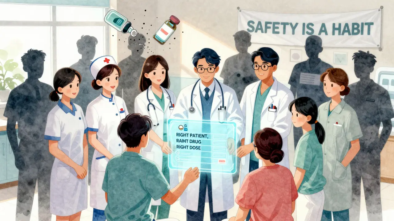 Hospital team and patient united over a glowing safety checklist, past errors fading away.