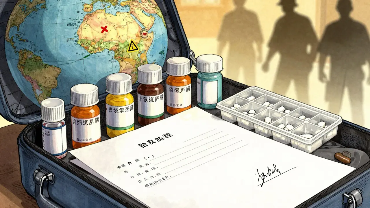 Medication kit with labeled bottles and signed doctor's letter beside a globe showing restricted countries.