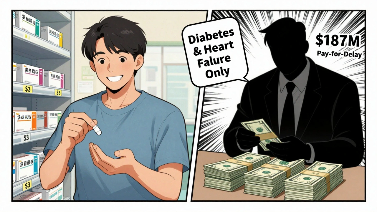 Patient gets affordable medicine while executive counts pay-for-delay cash, separated by a skinny label.