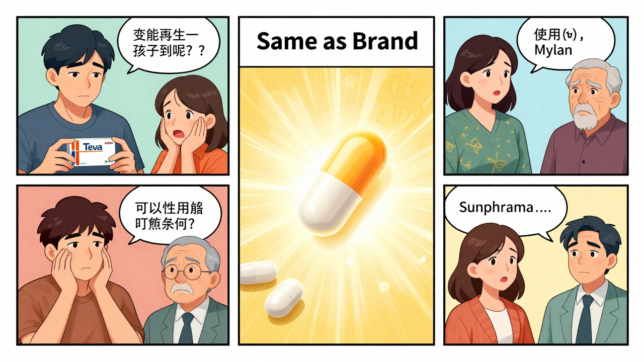 Patients in different states receive differently shaped generic pills, one shining authorized generic in center.