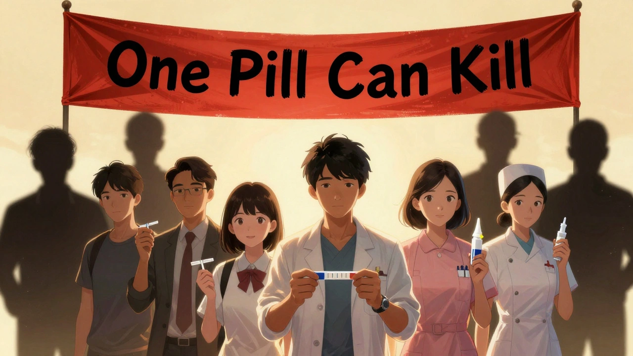 People holding test strips and Narcan as dark pill shadows fade away under a warning banner.