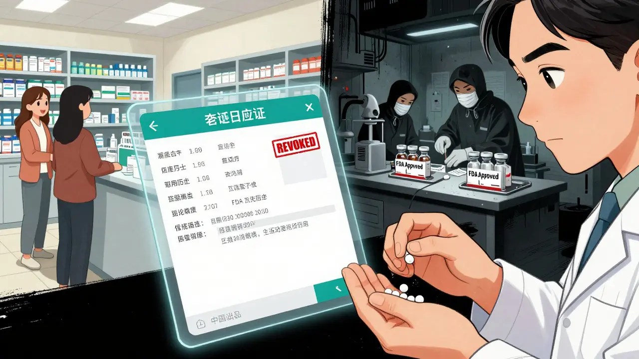 Pharmacist counting pills with a floating digital license overlay showing real vs. fake credentials.