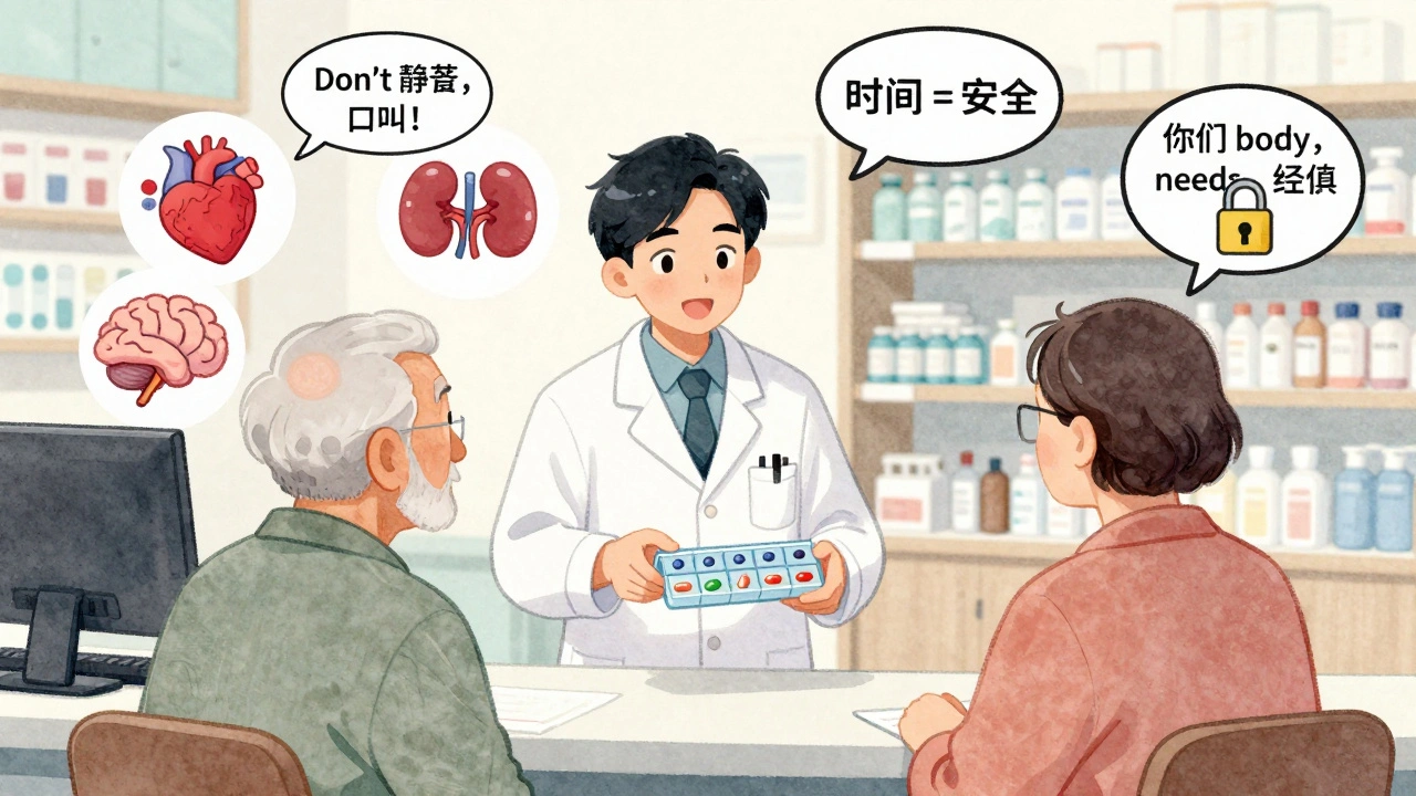 Pharmacist gives pill organizer to patient, floating health icons and safety messages surround them in a bright pharmacy.