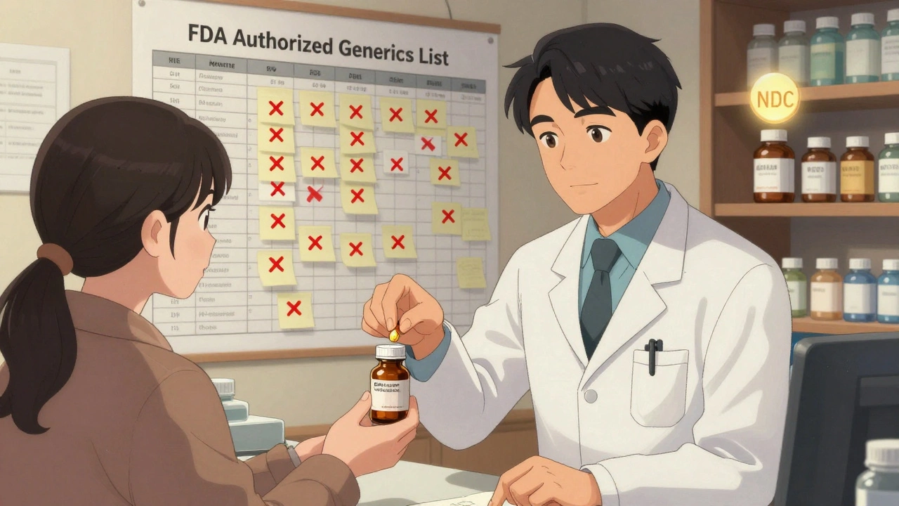 Pharmacist hands patient generic medication while outdated FDA list with red X’s hangs on wall behind.