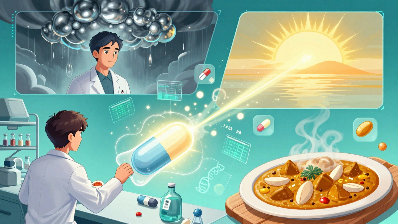 Scientists coating a pill with polymer film, patient before and after, laser and gene icons floating nearby.