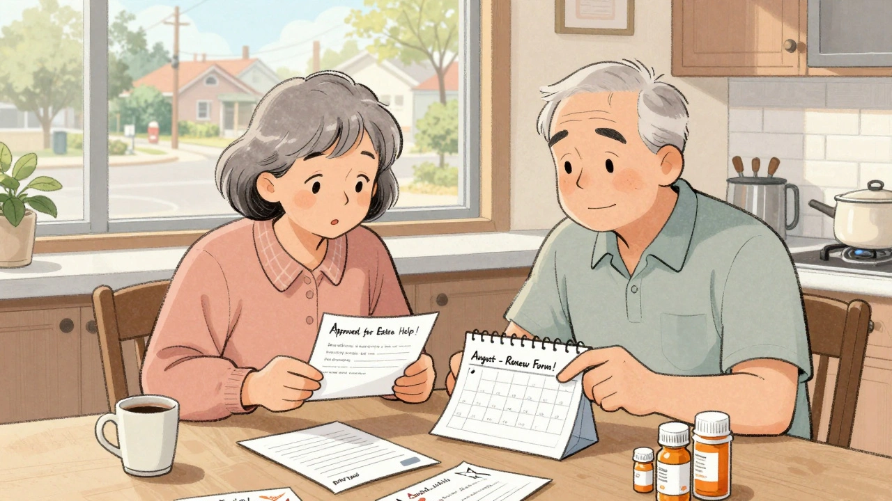 Senior couple reviewing approval letter and renewal form at kitchen table with medicine bottles.