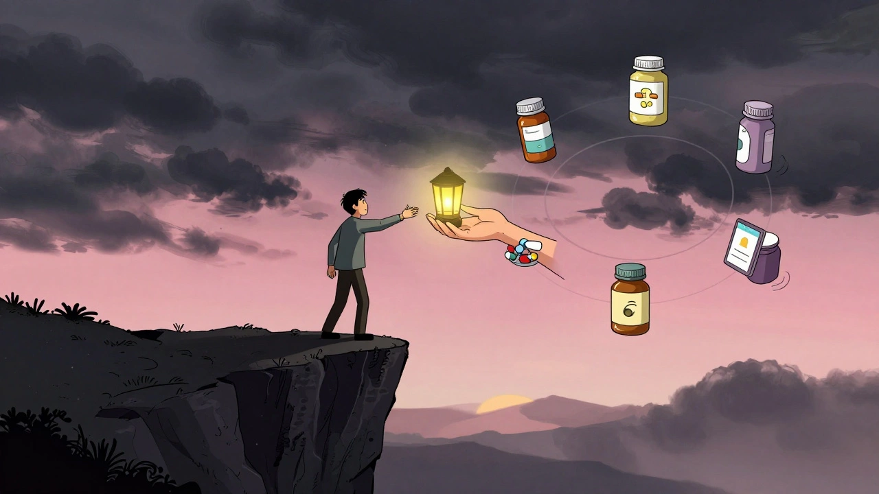 Someone reaching for a lantern of hope from a support circle, with therapy tools glowing nearby.