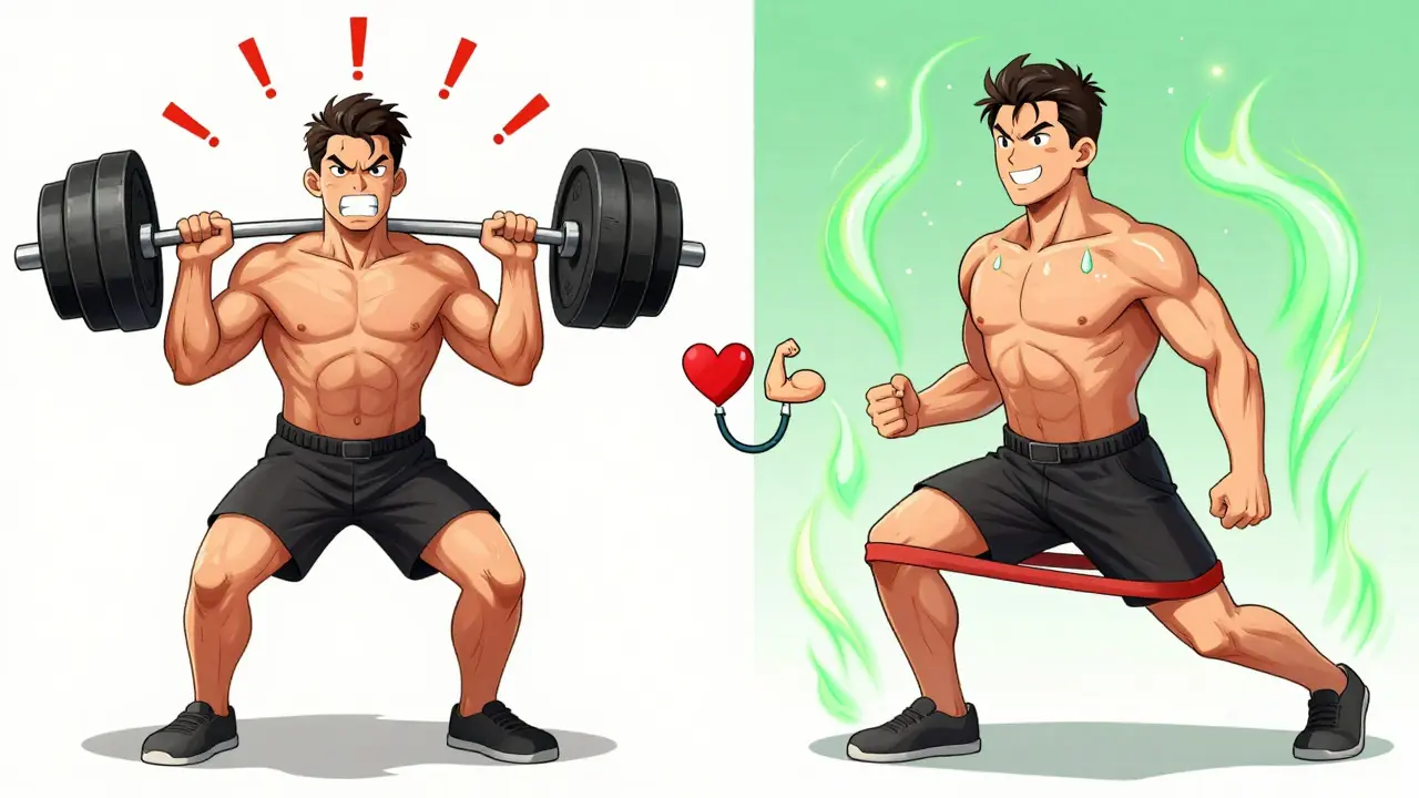 Split illustration: one side shows dangerous heavy lifting, the other safe light resistance training with a doctor’s stethoscope connecting them.