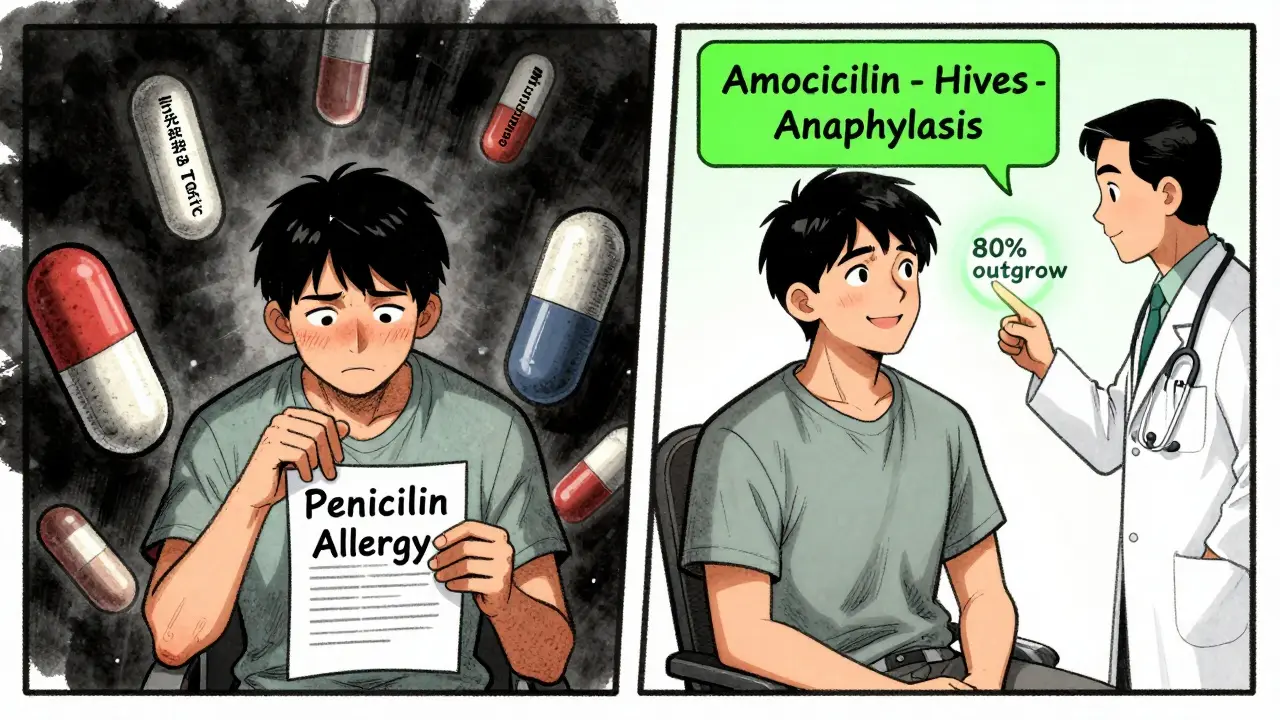Split image: vague penicillin label vs. precise allergy record with green checkmark and outgrew stat.
