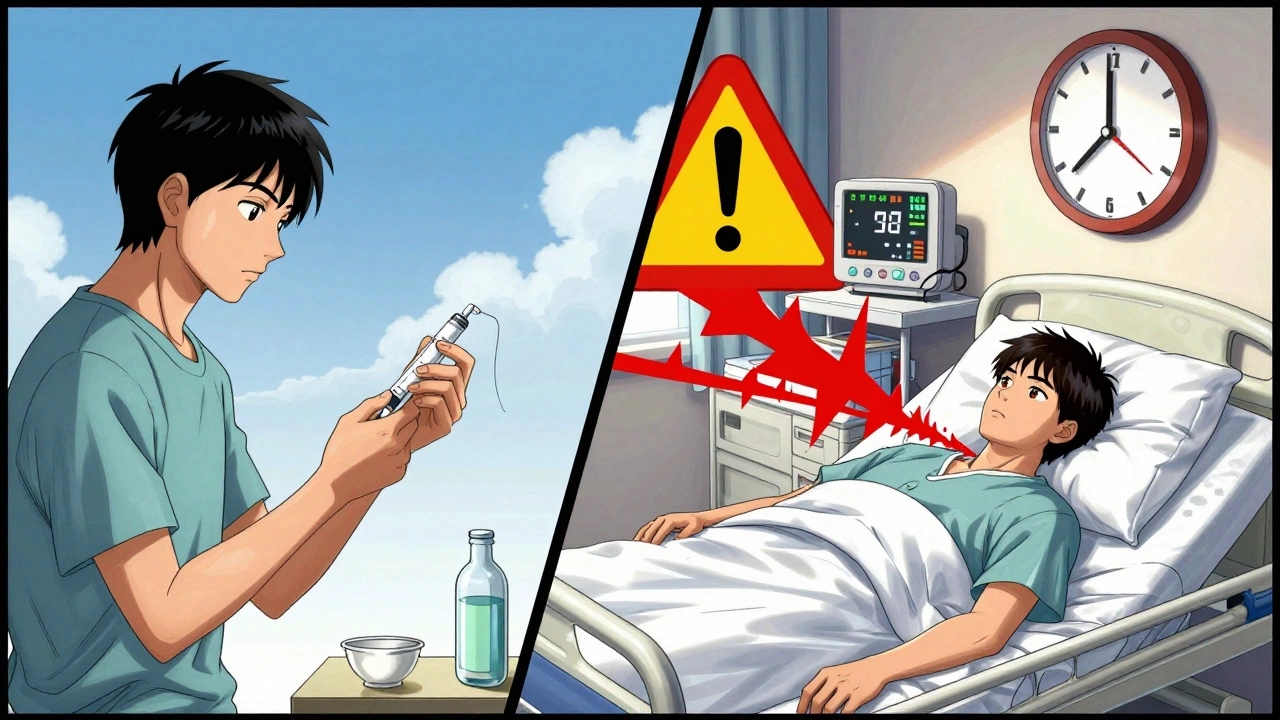 Split scene: patient taking insulin peacefully vs. collapsing in hospital with alarm symbols and a broken clock.