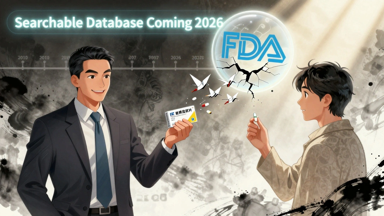 Split scene: pharma exec launches generic vs. patient saving money, FDA logo cracking open releasing pill-shaped cranes.