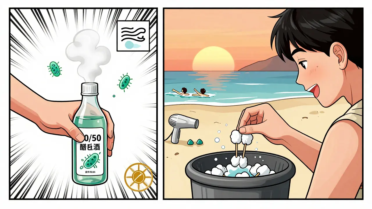 Split scene showing prevention: vinegar-alcohol drops drying the ear and cotton swabs being thrown away, with protective earplugs in background.