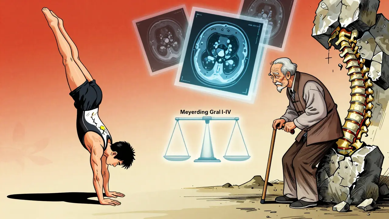 Split-screen illustration of young athlete and elderly person with spinal slippage, medical scans floating above