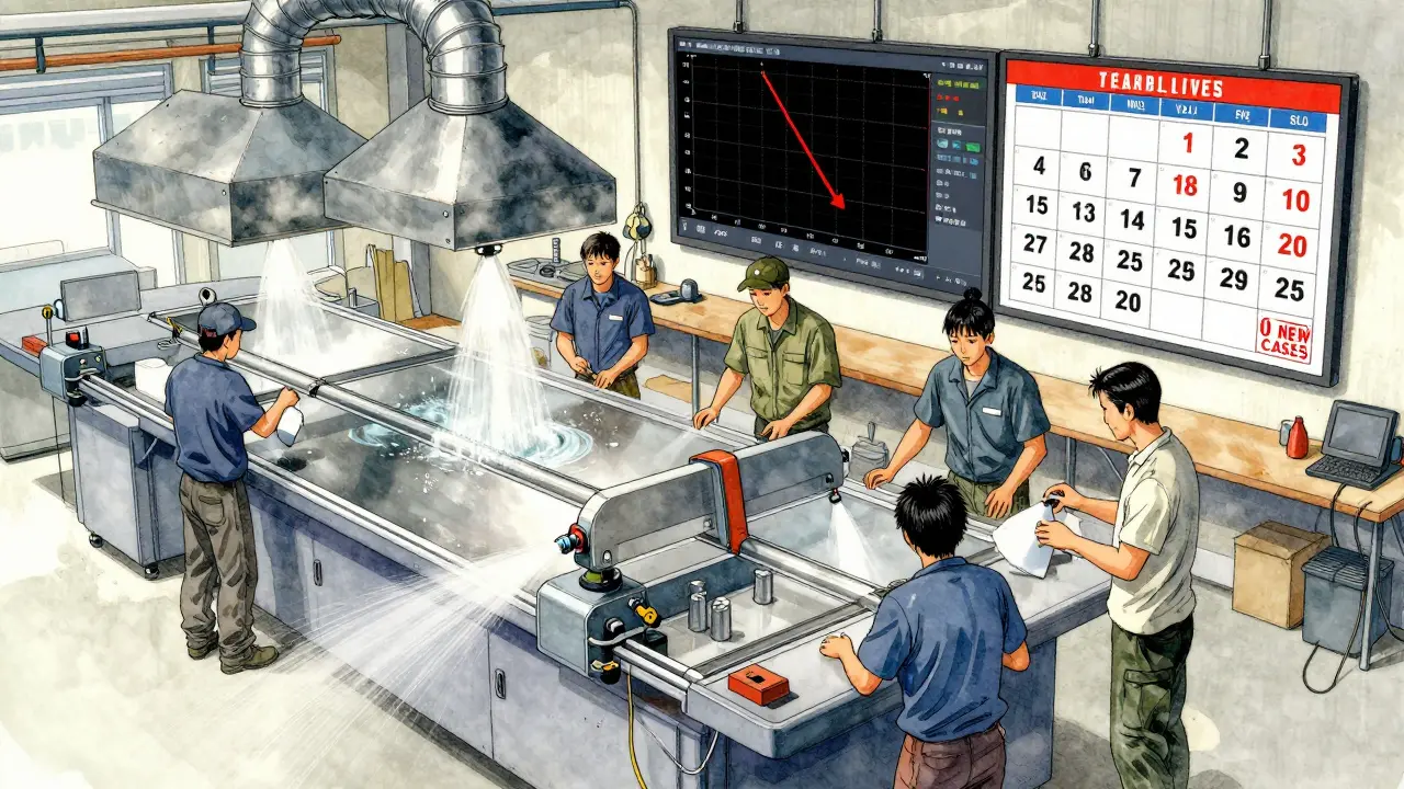 Stone shop with wet saws and exhaust systems, dust levels dropping on digital dashboard.