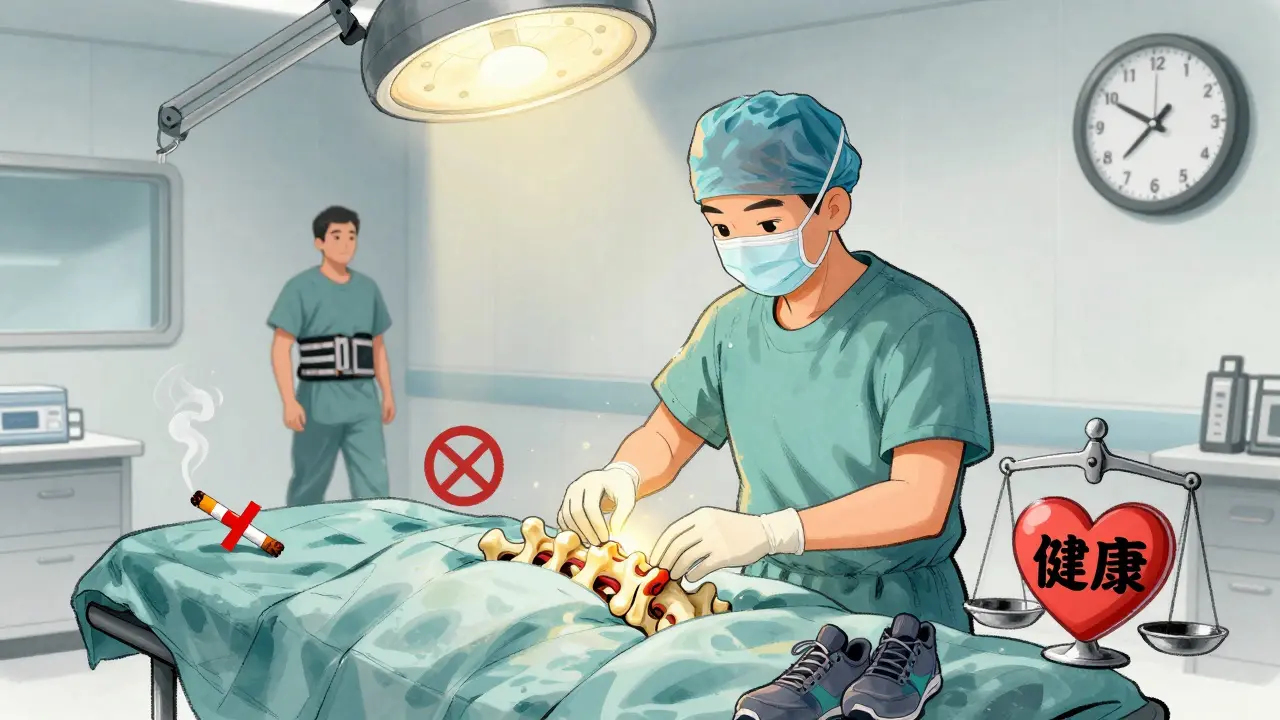 Surgeon placing bone cage in spine, symbolic elements like smoking cigarette and weight scale nearby