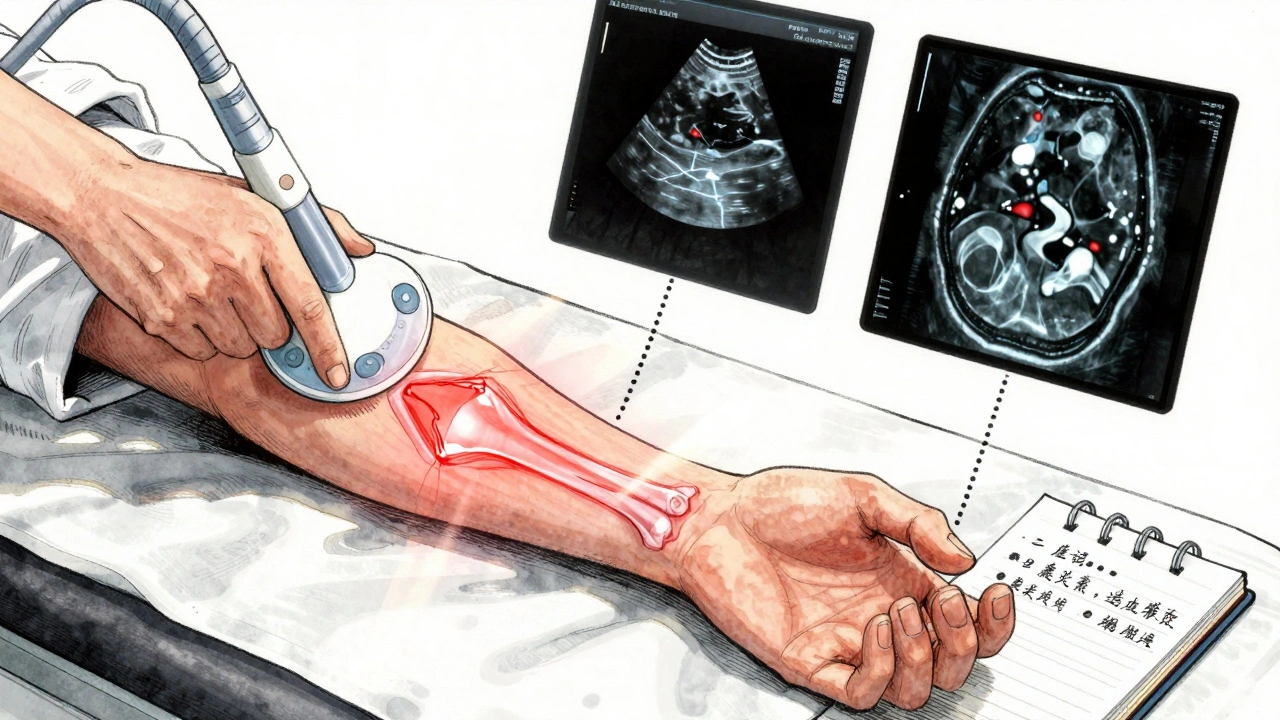 Ultrasound revealing hidden joint inflammation with overlay of X-ray and MRI images