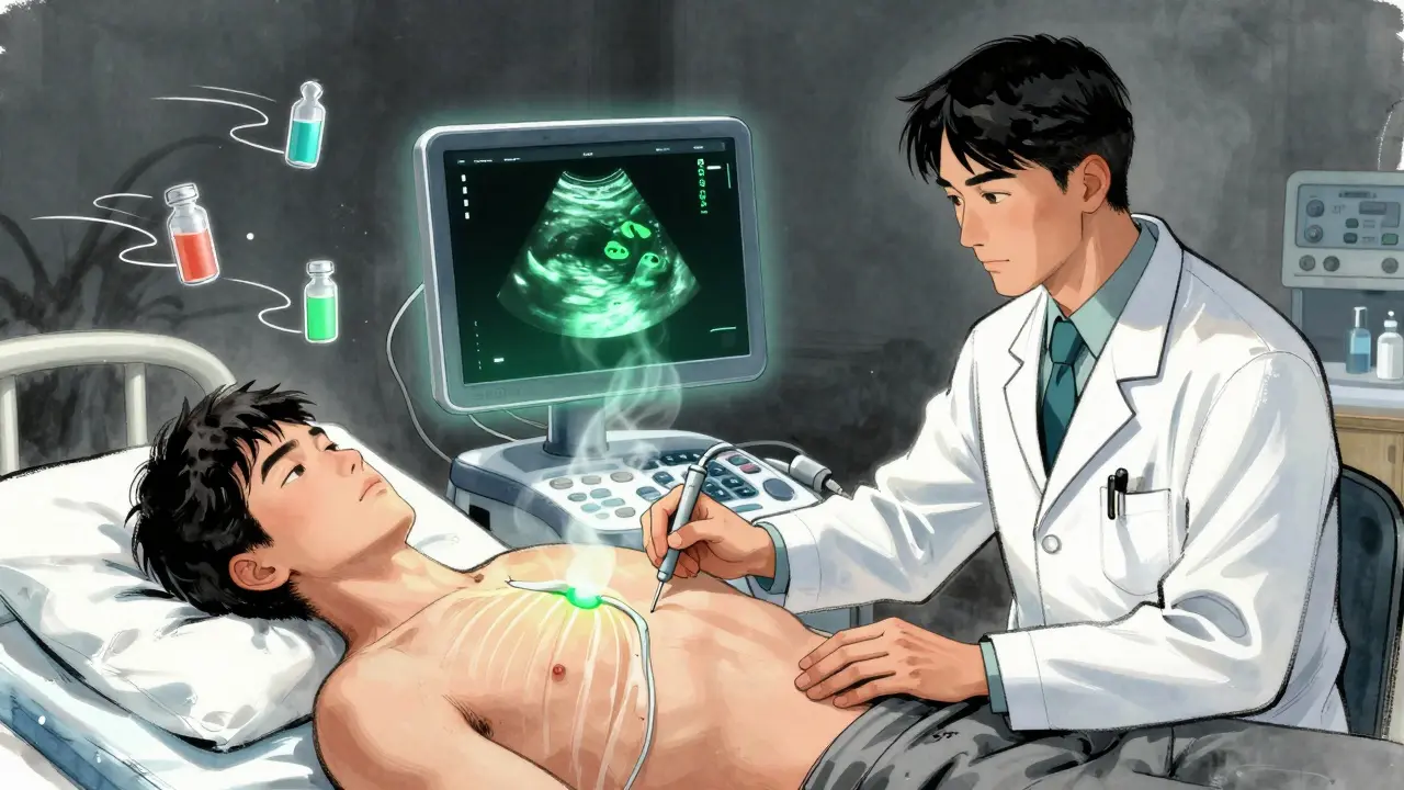 A doctor performing thoracentesis with ultrasound guidance, showing fluid being drained from the chest.