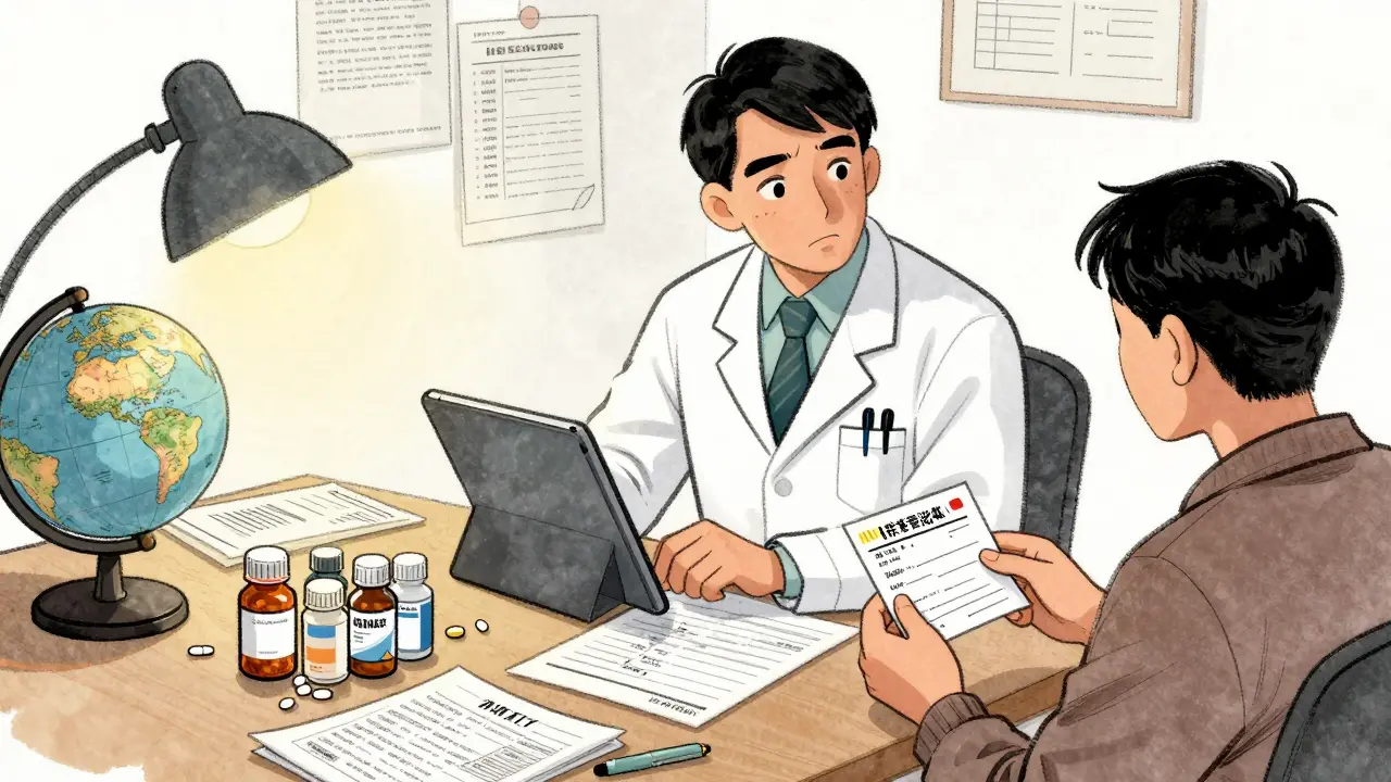 A doctor reviews foreign medication labels with a patient, surrounded by medical records and pill bottles.