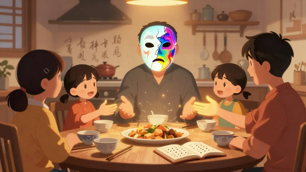 A family member with a fractured emotional mask during dinner, others reaching out with warm light.