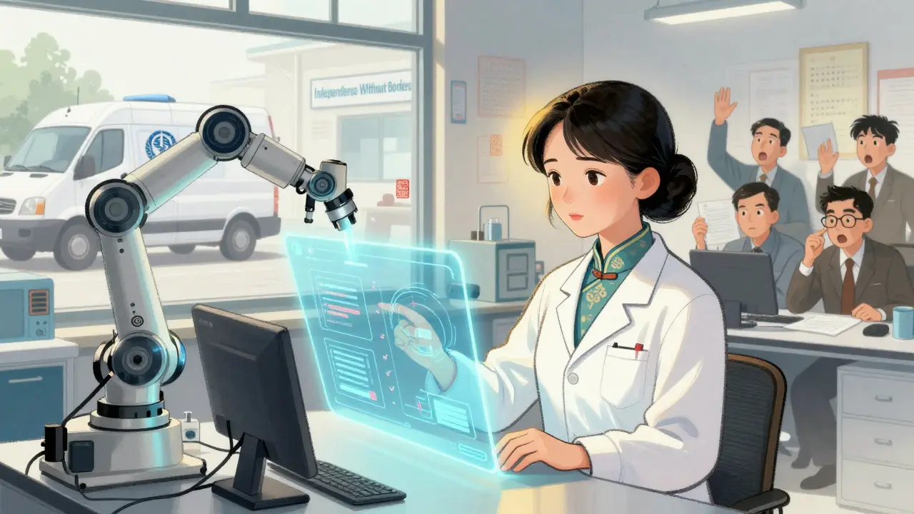 A female quality specialist reviewing AI data in a small lab, with a third-party oversight van outside and a paused robotic arm.