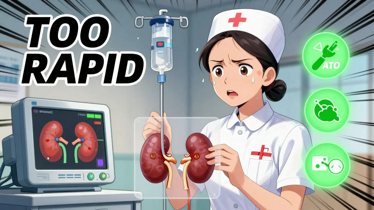 A nurse watching a fast-flowing IV drip, with warning symbols and calm side effect icons floating beside her, in Chinese manhua style.