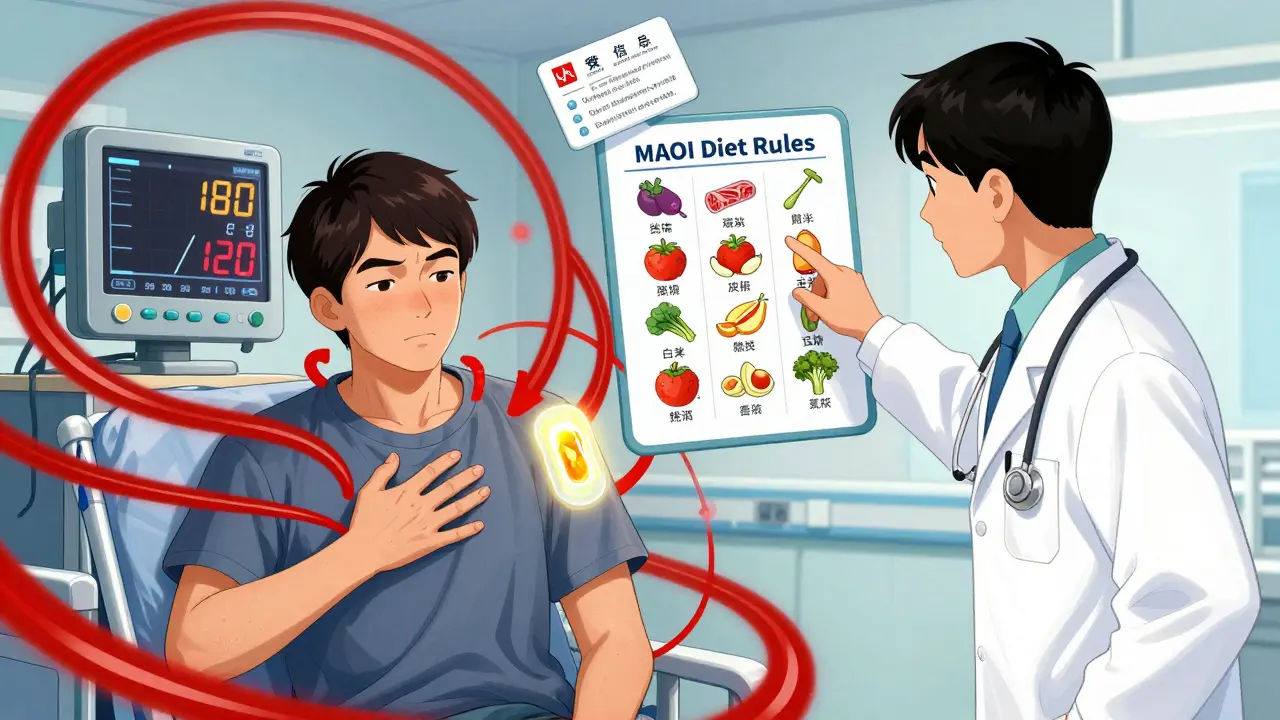 A patient in emergency room with high blood pressure reading, surrounded by icons of safe and dangerous foods.