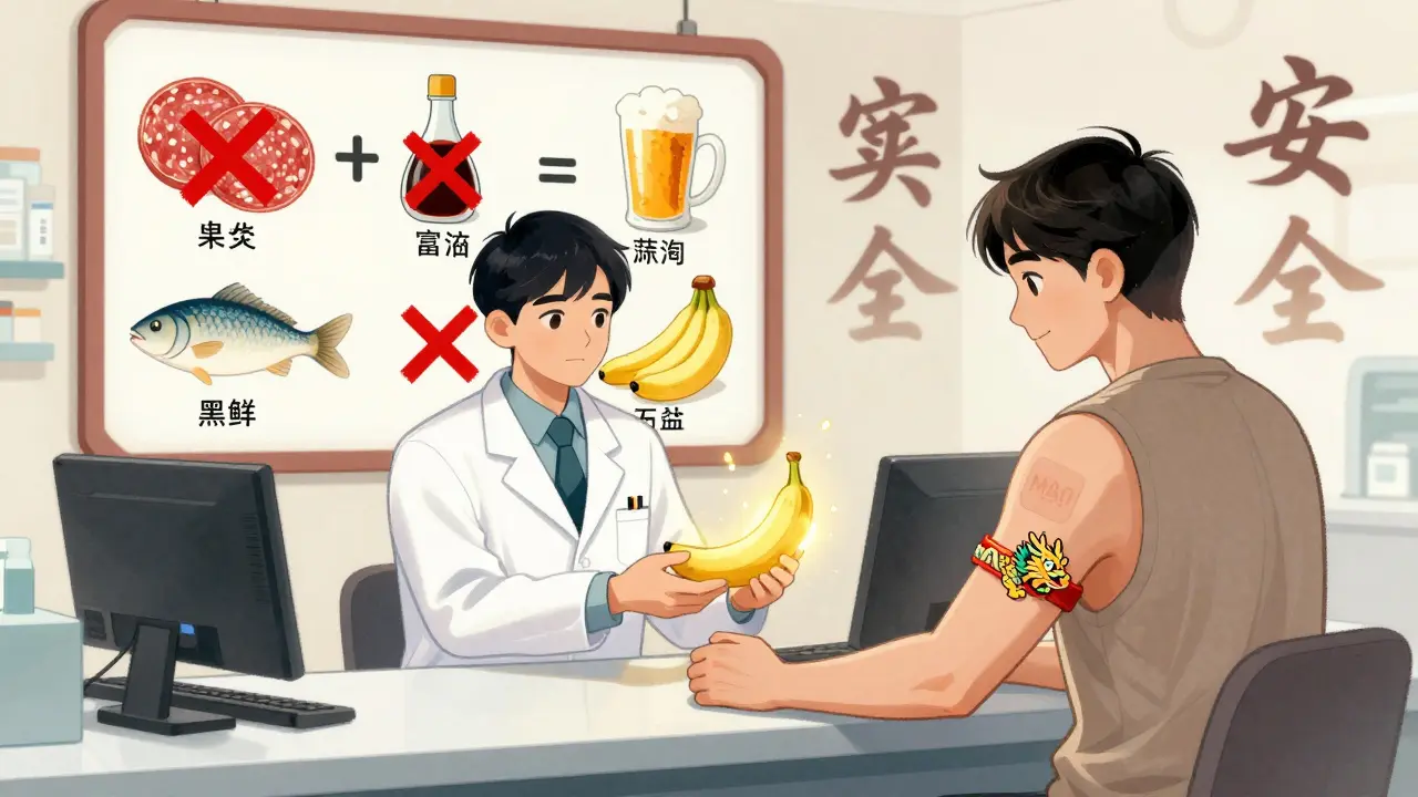 A pharmacist gives a dragon-shaped medical bracelet while a poster shows forbidden foods with red X marks.