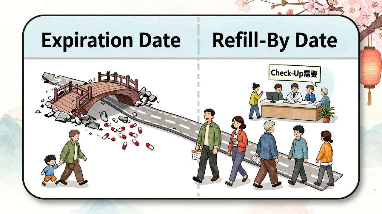 A prescription label as a road map, showing two paths — one to a doctor’s office, the other to a pit of expired pills.