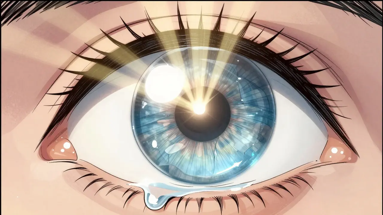 A rigid contact lens creates a smooth optical surface over a cone-shaped cornea, with tear film correcting light distortion.