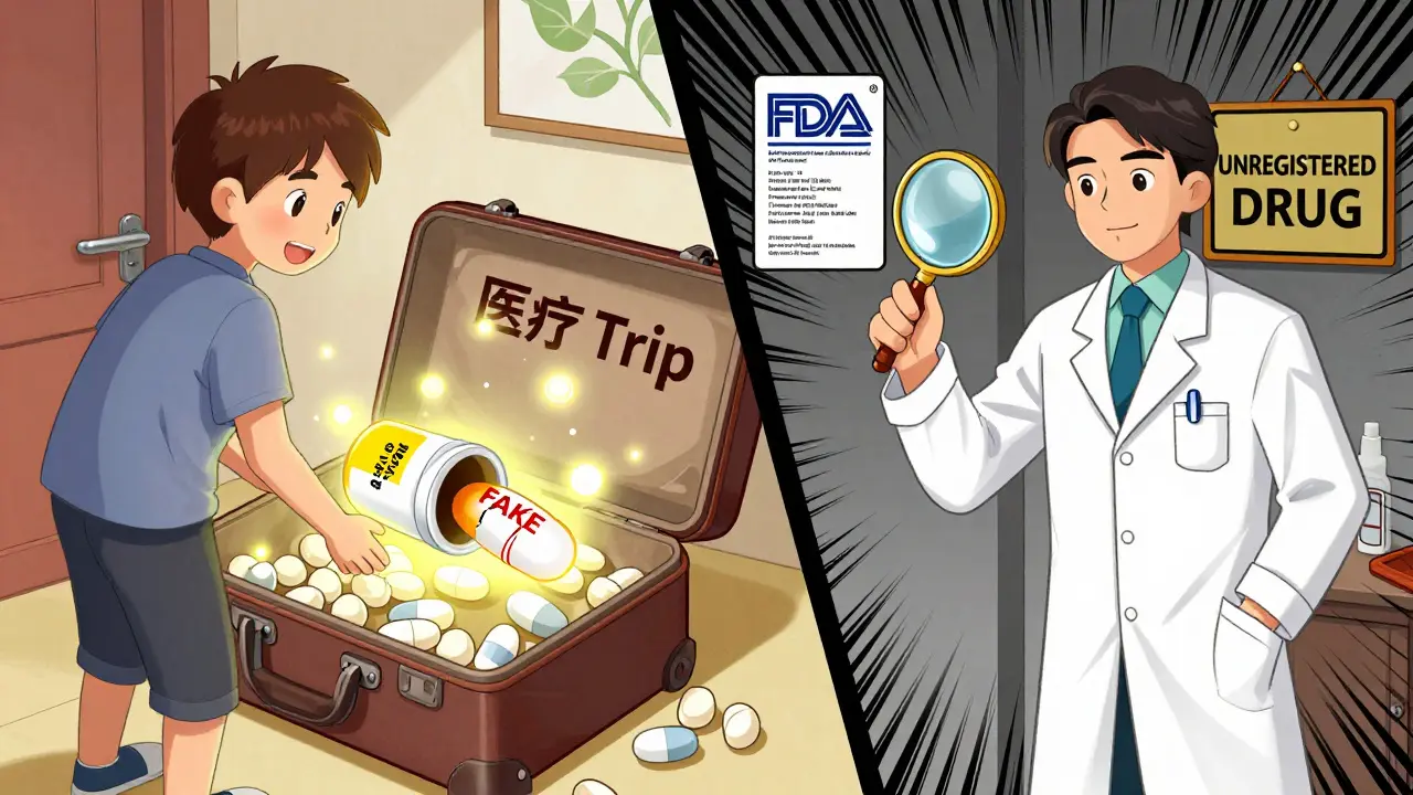 A suitcase opens to reveal fake pills, one cracked open to show hollow core, beside a doctor holding a warning sign.