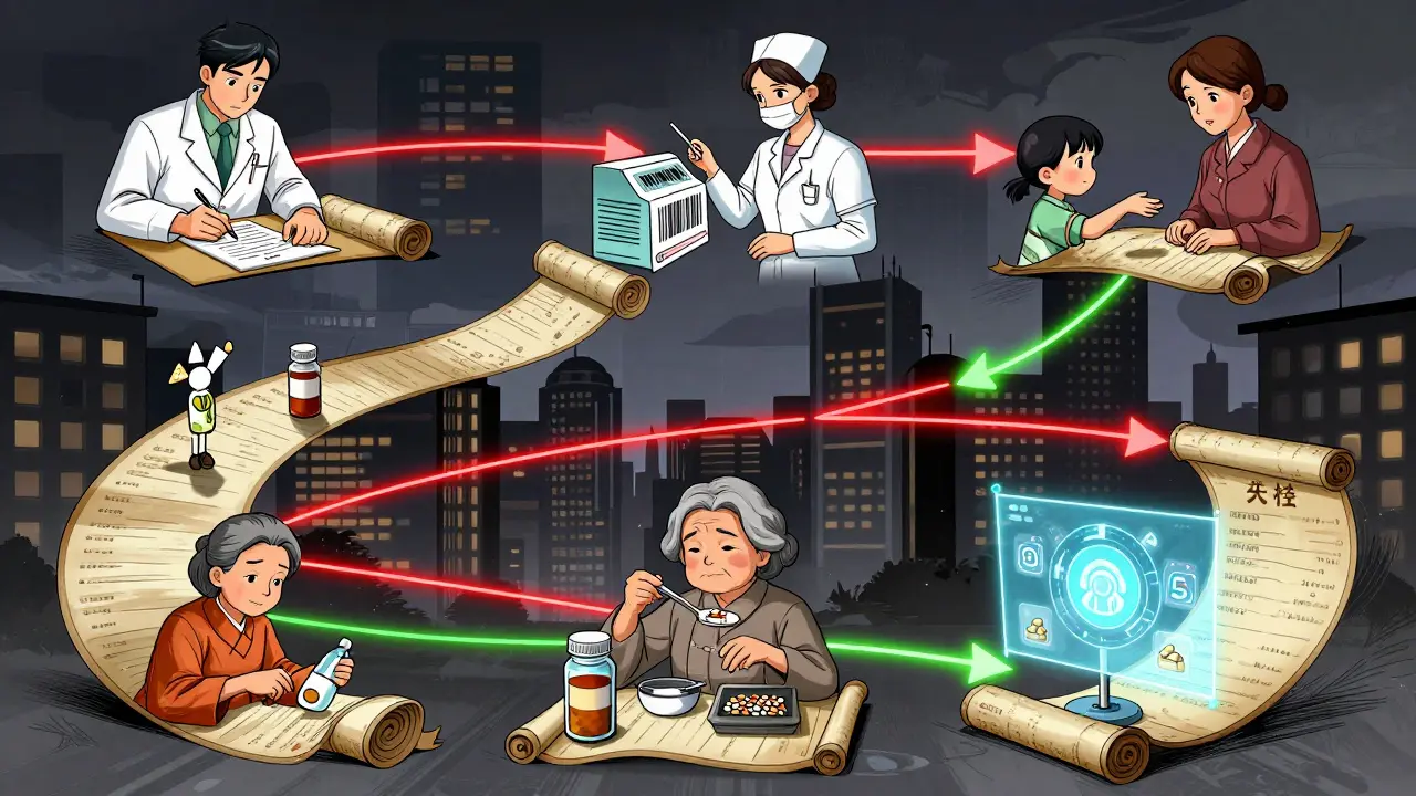 A winding scroll illustrating the nine stages of medication safety across a cityscape, with warning lines turning green in Chinese manhua style.