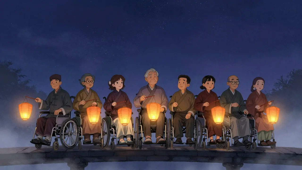 ALS patients holding lanterns on a misty bridge, one lantern brighter, symbolizing extended life.