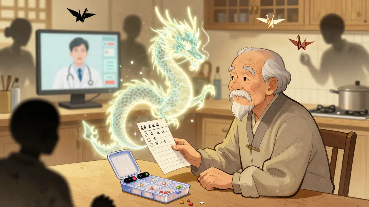 An elderly person at home with a medication list and glowing dragon guardian protecting them from medication errors in Chinese manhua style.