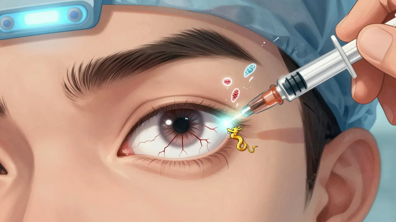 Close-up of an eye receiving an injection, glowing serum flowing in, red veins visible, medical symbols dissolving into light.