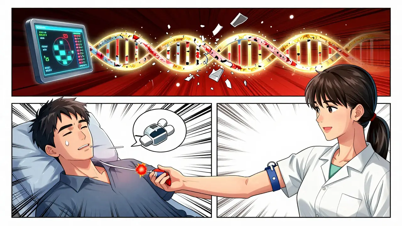 Contrasting painful biopsy with simple blood draw, showing transition to modern cancer detection.