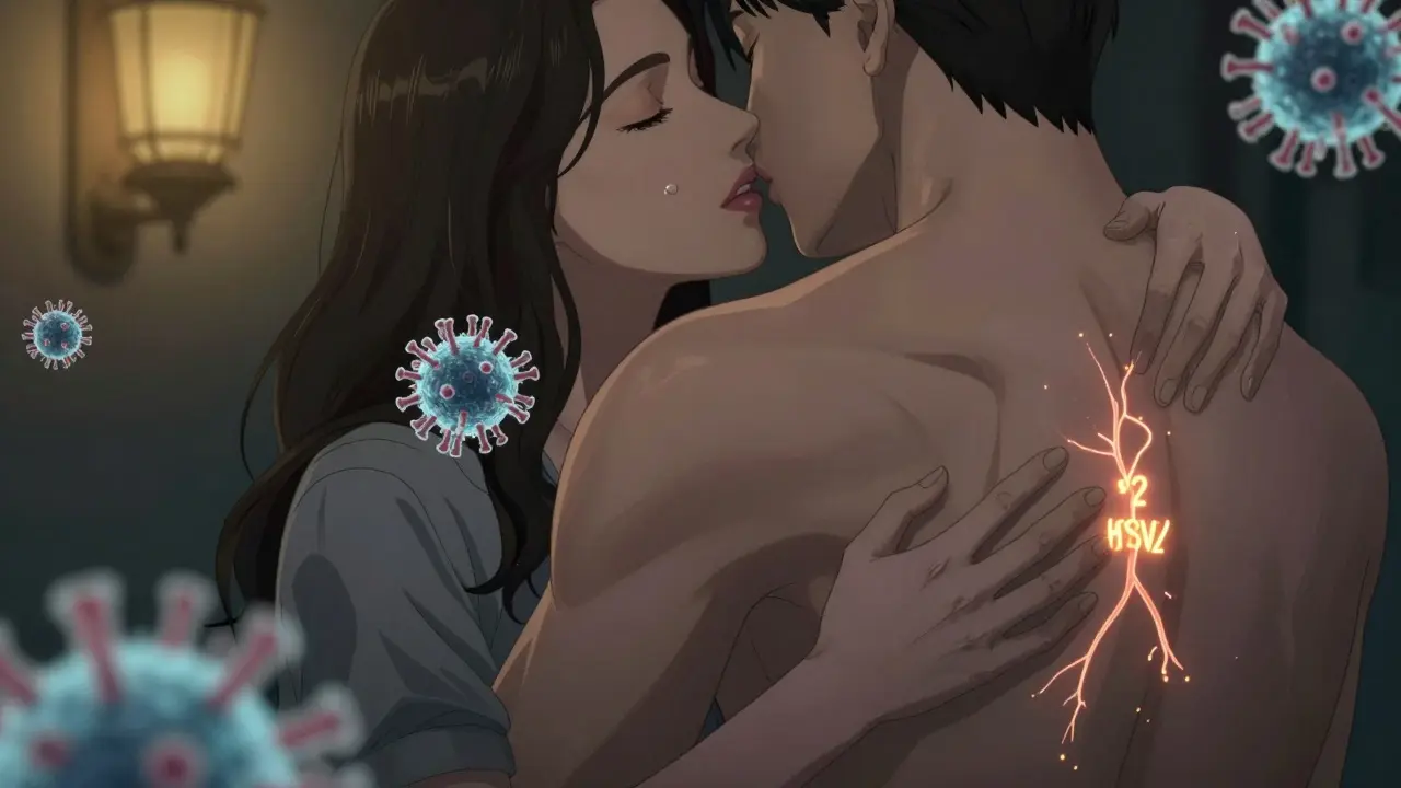 Couple embracing with glowing viral particles between them, representing asymptomatic herpes shedding.