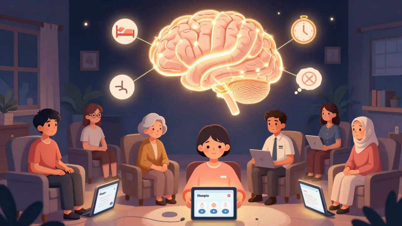 Diverse people connected by golden light to a glowing brain icon, symbolizing CBT-I's universal, lasting impact on sleep.