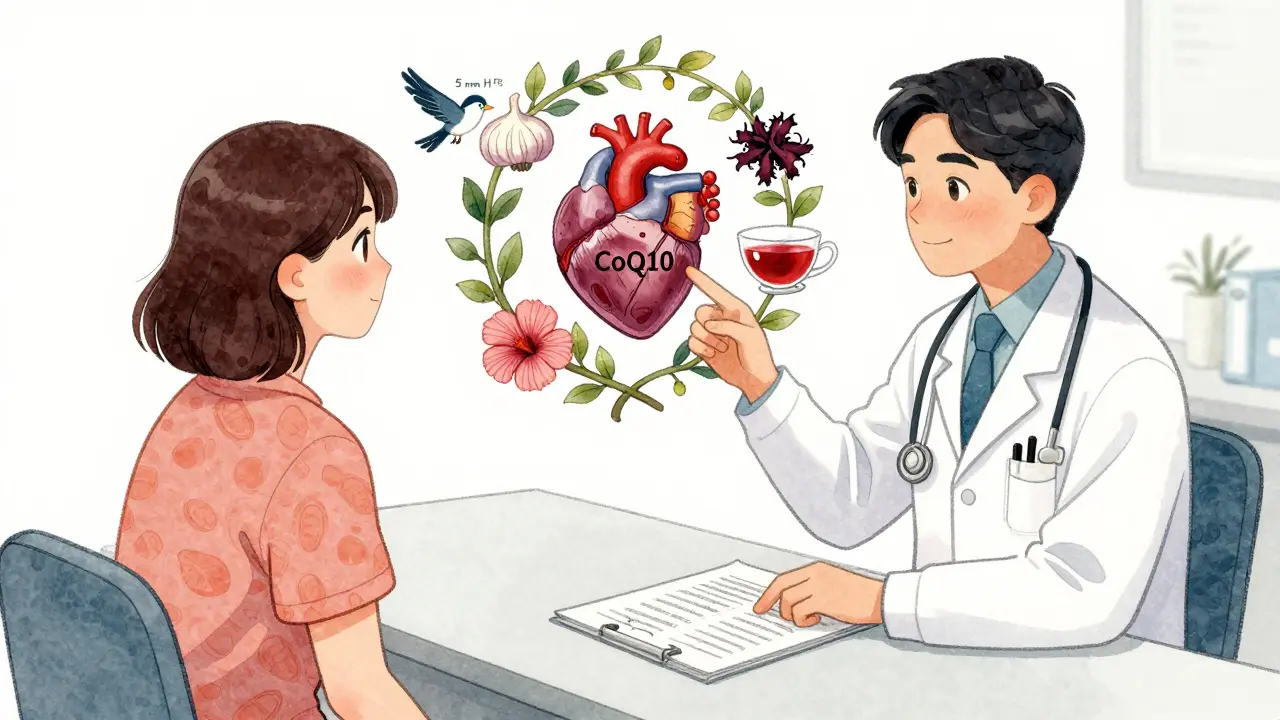 Doctor and patient with medical and natural hypertension treatments as intertwined vines