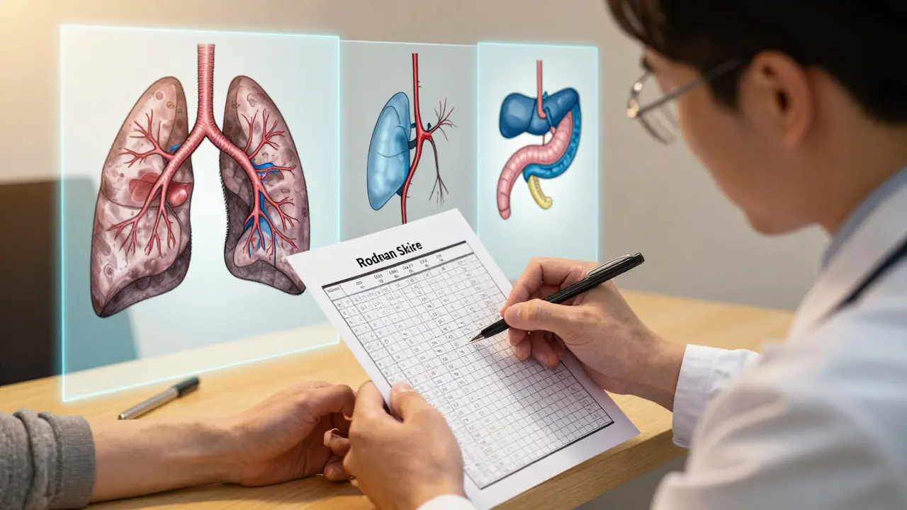 Doctor checking skin thickness as translucent images of damaged organs appear behind them, medical chart in hand.
